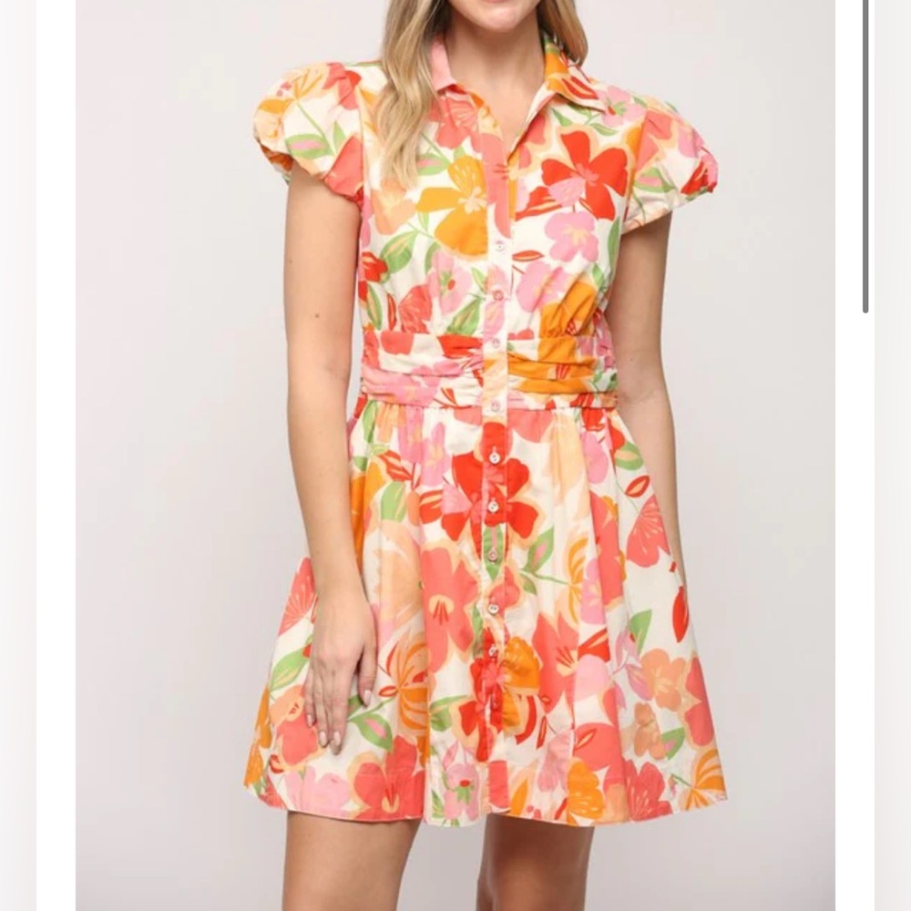 Fate Sunbeam Orange Pink Floral Dress Large